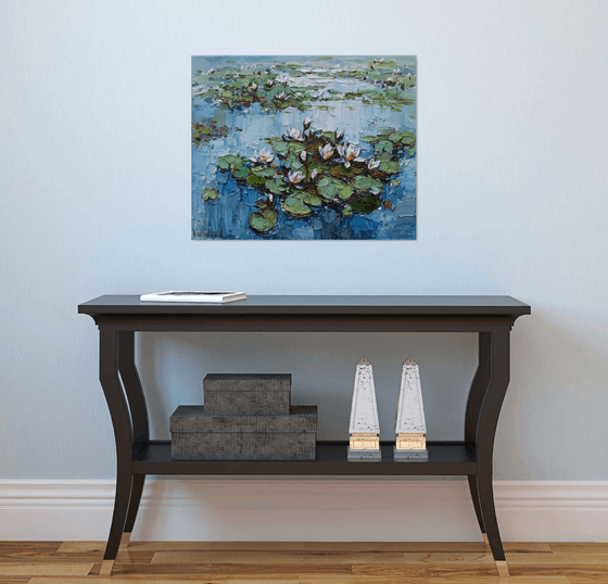 Water Lilies -Pond flowers  Impasto Original Oil painting