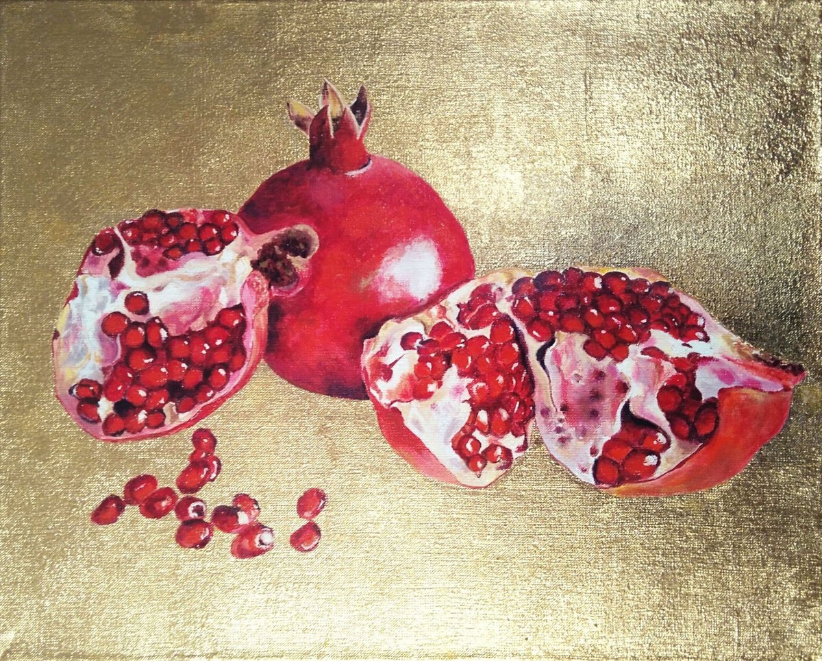 Pomegranate fruit on gold by Liubov Samoilova