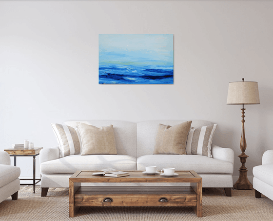 Large Abstract Seascape Painting #810-41. Blue, grey, teal, white. Beach, ocean, waves, sky with clouds.