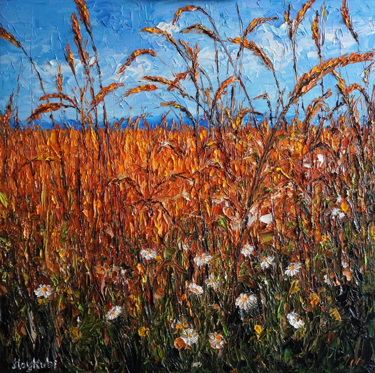 Impressionistic Landscape Oil Painting By Haykuhi Khachatryan, 20 X 20, Wheat Field, Original Artwork