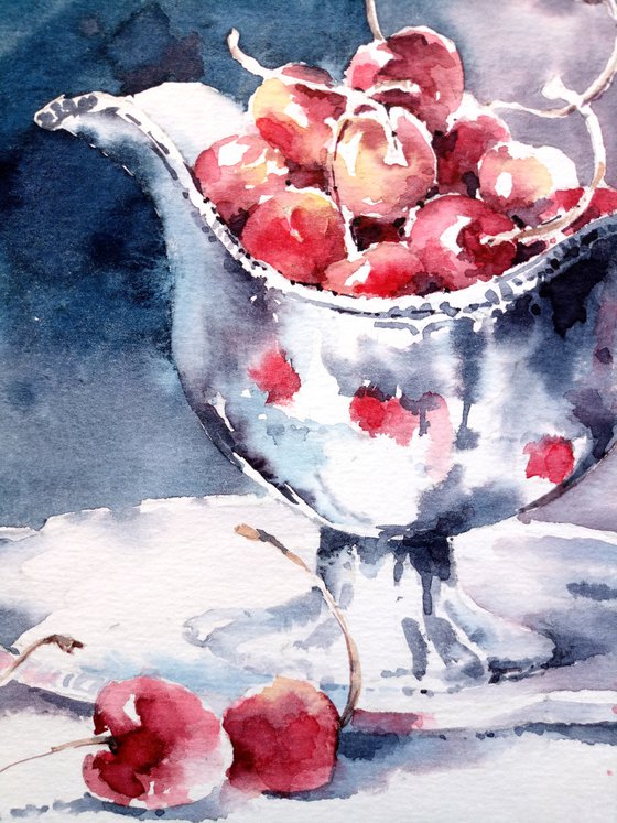 "Still life with cherries and silver antiques" original watercolor artwork