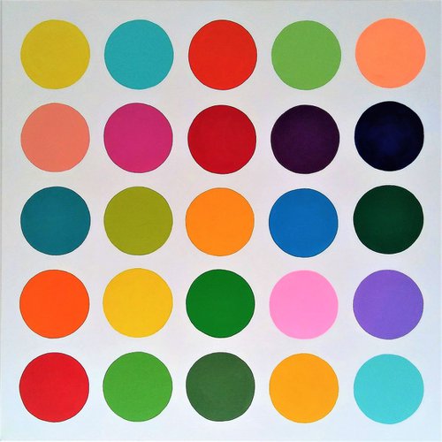 LARGE ABSTRACT COLORFUL RESTAURANT OFFICE INTERIOR DESIGN DECOR RAINBOW POLKADOTS "ORANGE DOT"     LARGE     36" X 36" by Carrie White