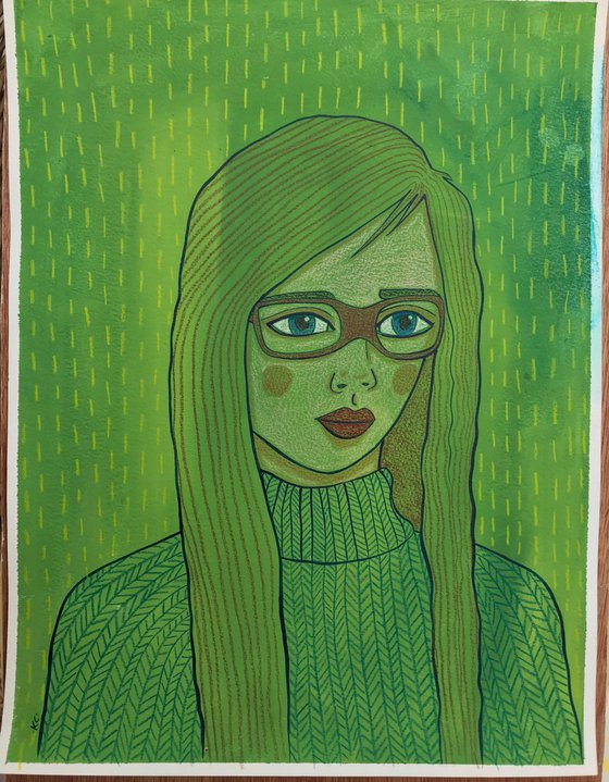 Portrait in Green with Glasses