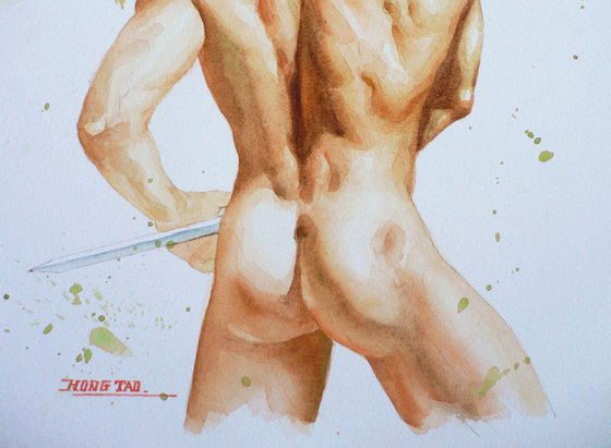 original watercolout painting  artwork  soldier of male nude on paper#16-6-23
