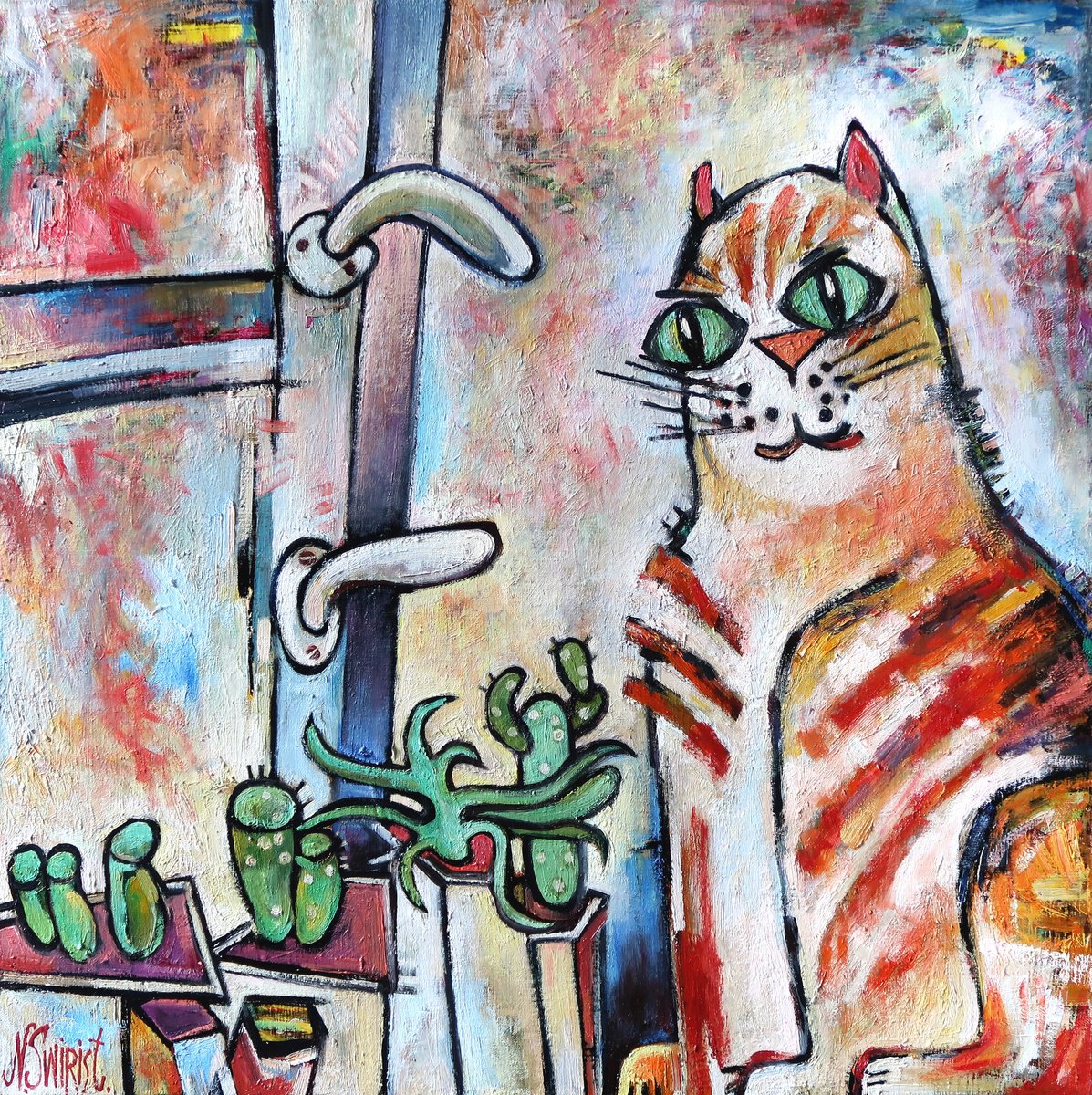 Impressionistic Animal Oil Painting By Nikifor Swiristuhin, 28 X 28", On The Windowsill., Original Artwork