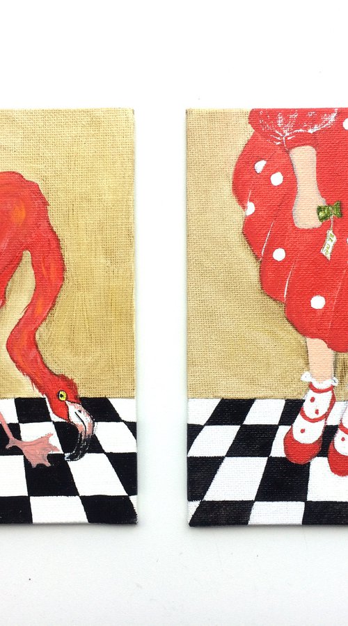 Diptych original oil paintings - Alice in Wonderland - Set of 2 miniature - Girl and flamingo (2021) by Olga Ivanova