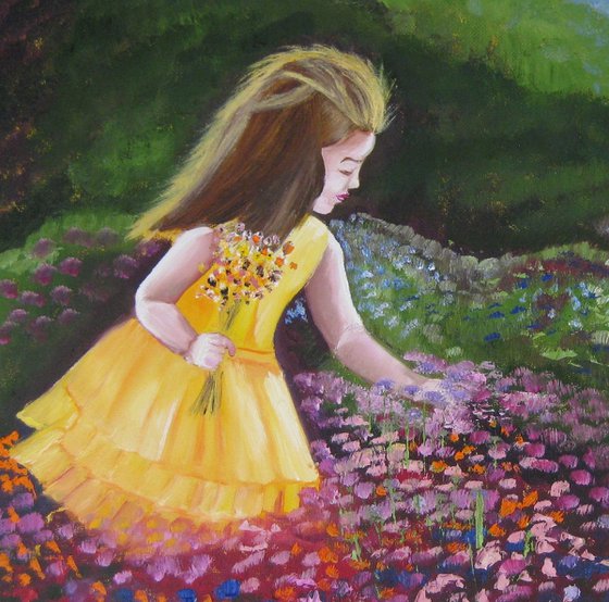 A Girl on the Blossoming Meadow. Original Oil Painting on Canvas. 16" x 20". 40,6 х 50,8 cm.