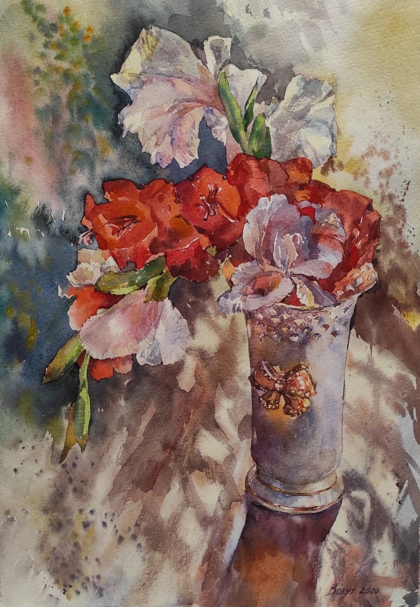 Gladioluses - original painting, red, white flowers by Tetiana Borys
