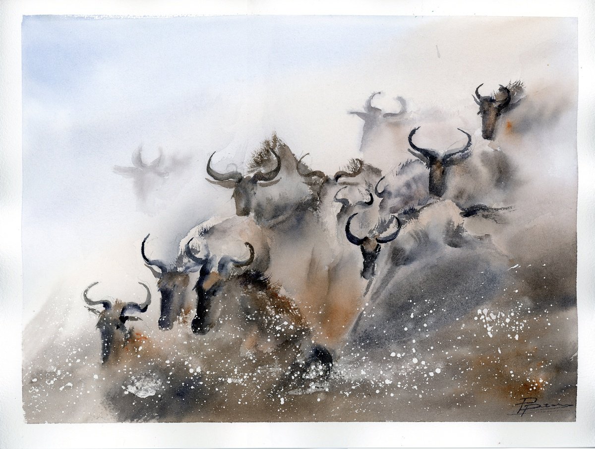 Expressive Animal Watercolour By Olga Tchefranov (Shefranov), 15 X 11", Wildebeest Migration, Original Artwork