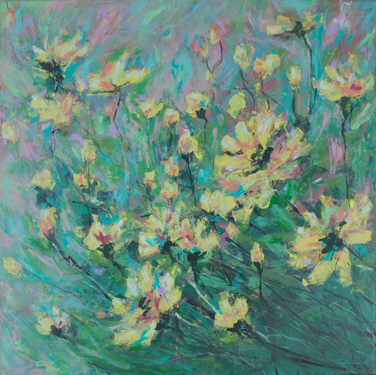 Expressive Botanical Painting By Julia Grande, 31 X 31", - Magic Land - ?., Original Artwork