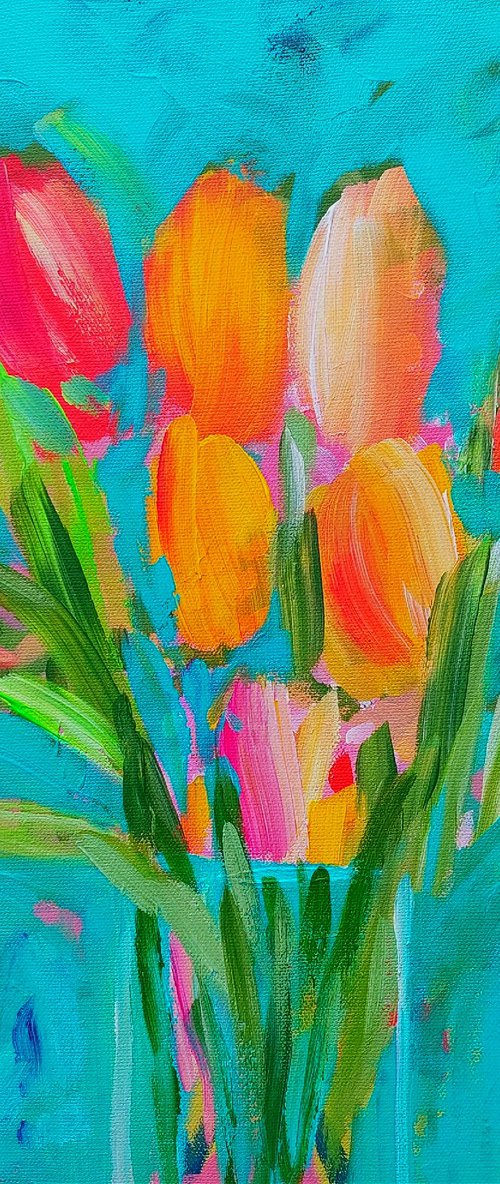 Tulips on Blue III by Jan Rippingham