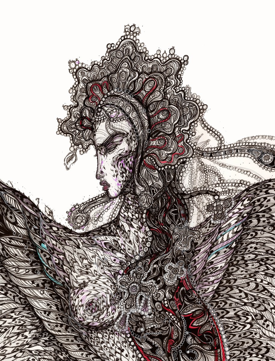 Impressionistic Portrait Drawing By Maria Susarenko, 20 X 26", Sirin. Prophetic Bird, Original Artwork