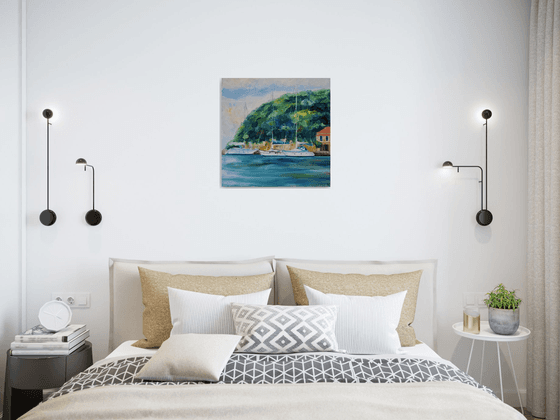 Ships oil painting, seascape original canvas art, Greece landscape artwork