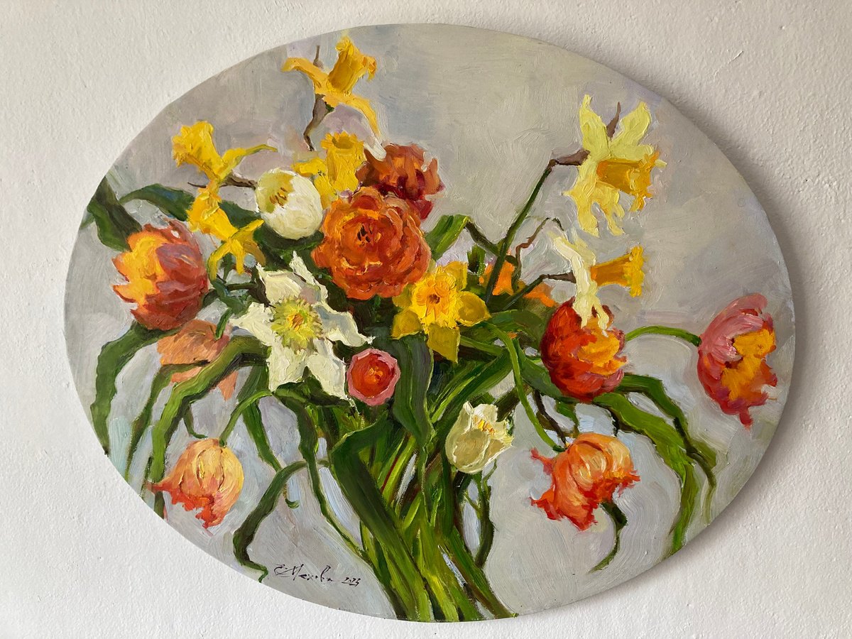 Impressionistic Still Life Oil Painting By Evgeniia Mekhova, 24 X 20, Spring Flowers Still Life, Original Artwork