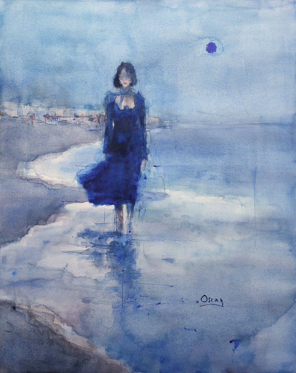 Impressionistic Portrait Watercolour By Oscar Alvarez Pardo, 16 X 20", Wns-3, Original Artwork