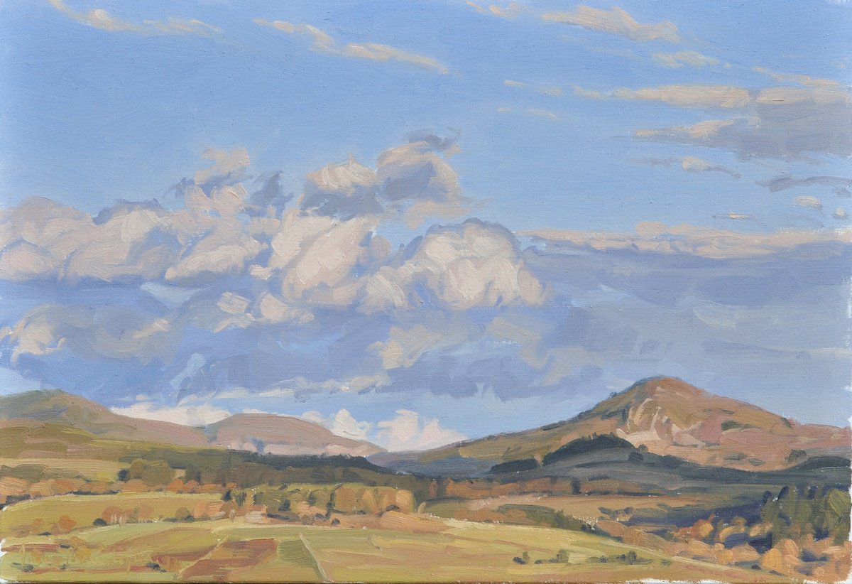 Impressionistic Landscape Oil Painting By Anne Baudequin, 24 X 16, Sunset Over The Mountains, Original Artwork