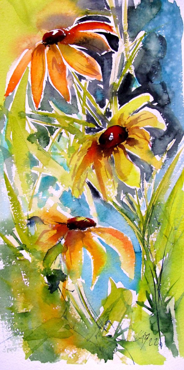 Kovács Anna Brigitta | Original  Watercolour | Yellow Flowers | 20 X 40Cm | Artwork For Sale On Artfinder