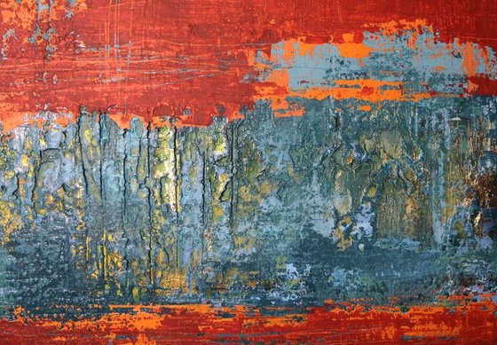RED WALL - 120 X 80 CMS - ABSTRACT ACRYLIC PAINTING TEXTURED * RED * TURQUOISE