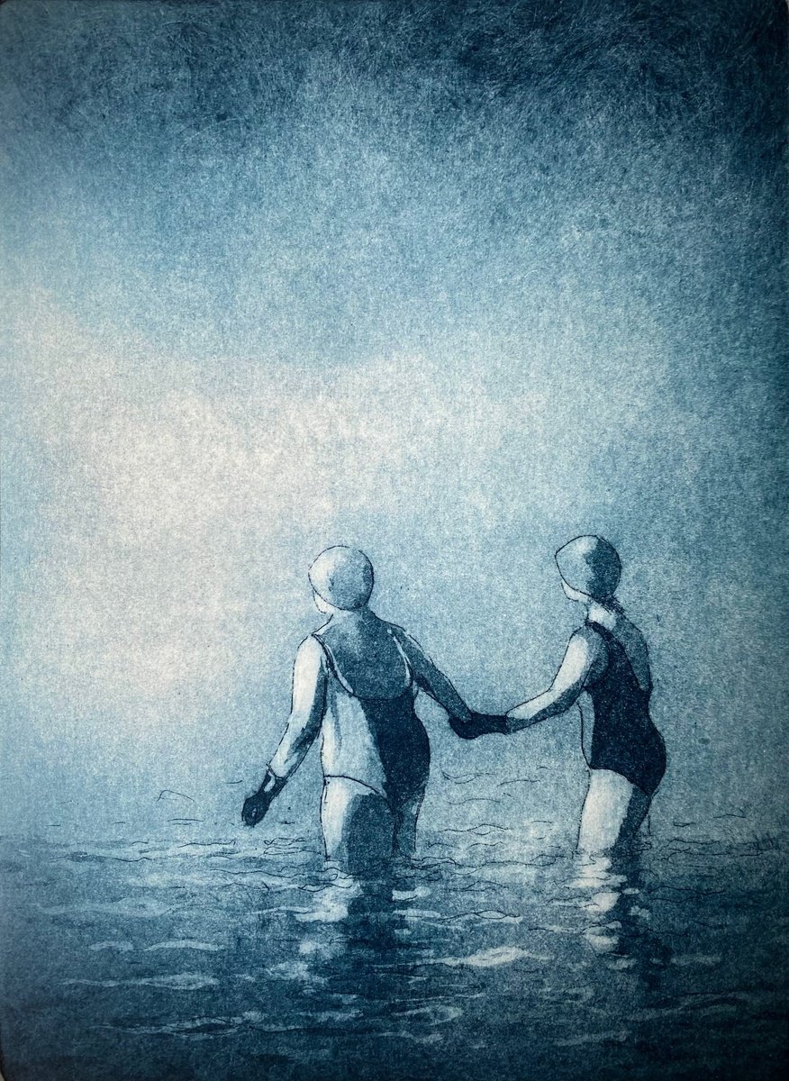 Illustrative Landscape Etchings & Engravings By Rebecca Denton, 7 X 9", Wild Swimmers Ii, Original Artwork