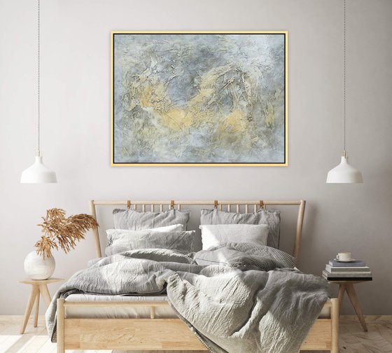 GOLDEN OCEAN. Large Abstract Gray Gold Textured Painting. Modern Art Neutral Colors, Beige, White Abstraction Landscape Contemporary Seascape Artwork for Living Room or Bedroom