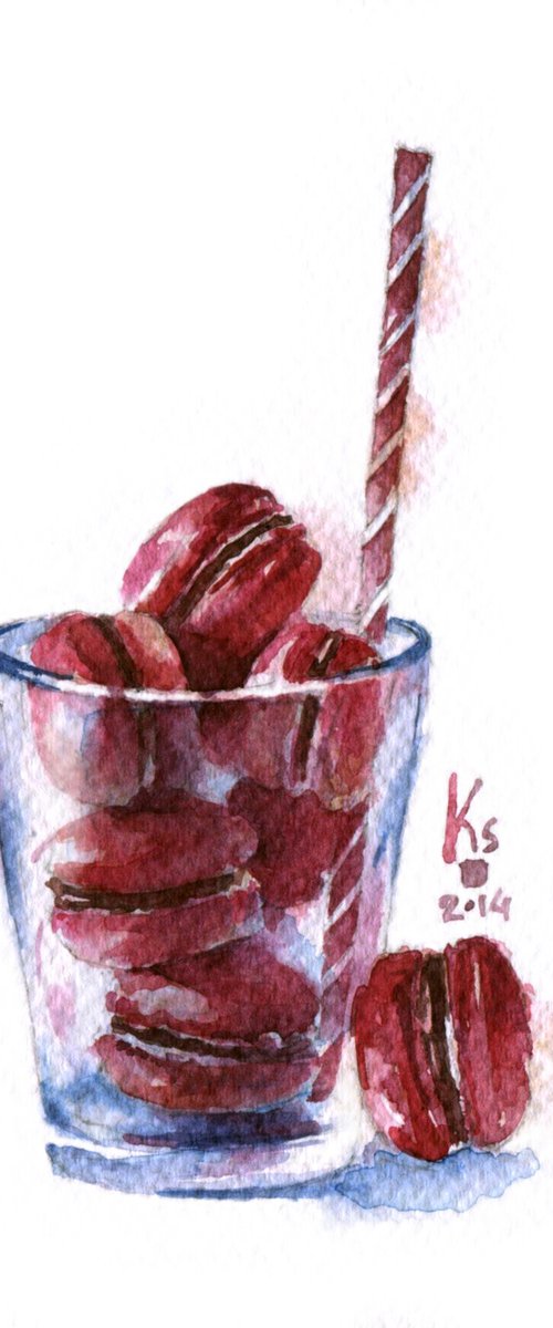 "Glass with red macaroons" watercolor food illustration by Ksenia Selianko