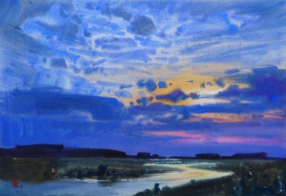 Impressionistic Landscape Watercolour By Maksym Kisilov, 20 X 14", "Sunset Over The River", Original Artwork