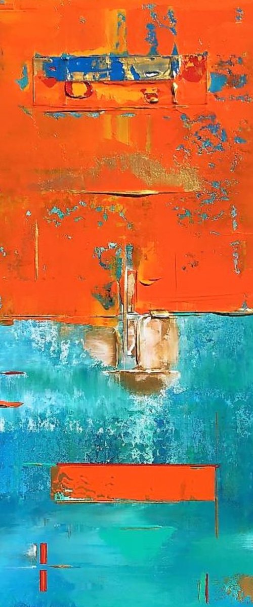 Primitive Abstract Orange Blue Bright Aqua Green lll by Robert Lynn