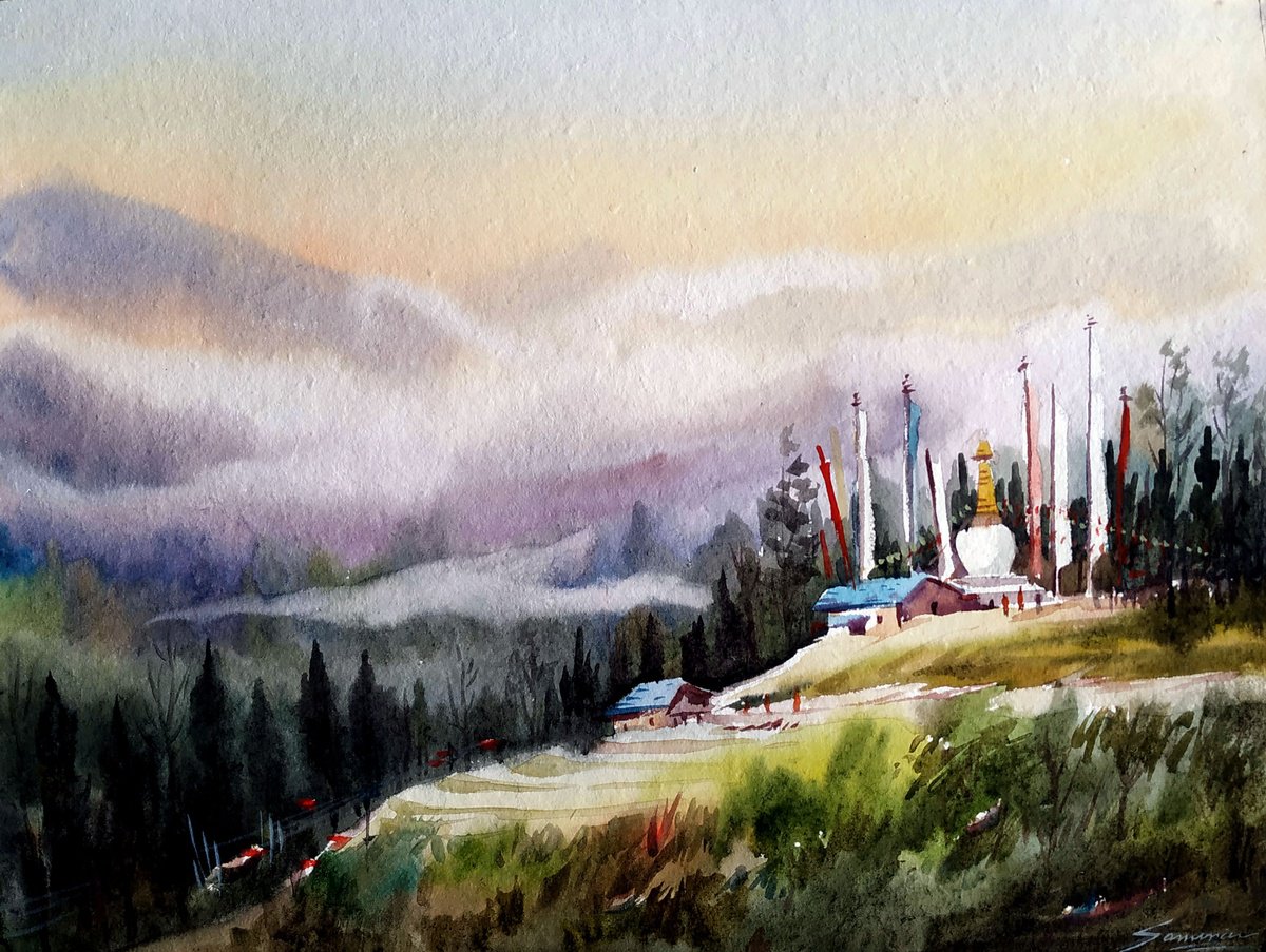 Impressionistic Landscape Watercolour By Samiran Sarkar, 15 X 11", Buddhist Stupa In The Himalaya, Original Artwork