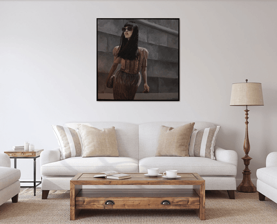 Conquer the city - asian woman female in pink and nude colors framed acrylic large painting