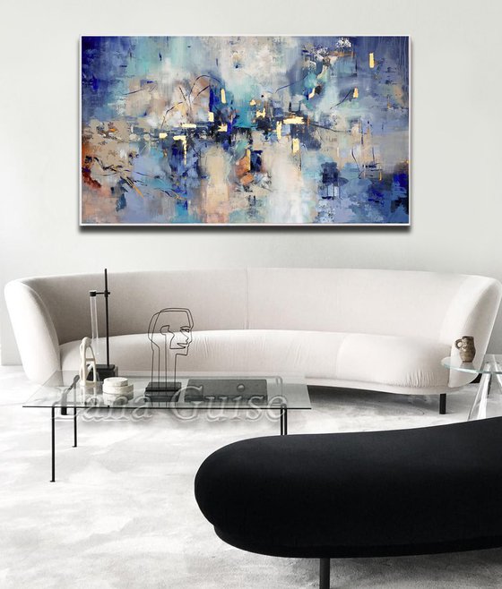 Indigo Clouds - Extra Large Oversize Abstract Painting 71" x 40" , Blue Grey Gold Leaf Soft Colors White Gray Painting