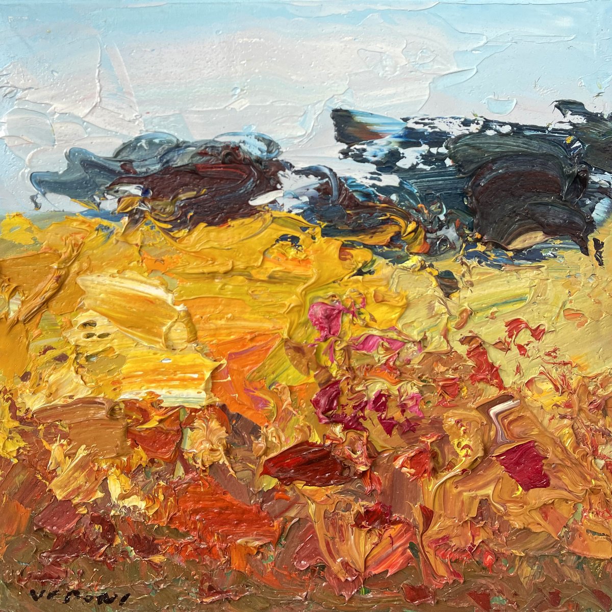 Expressive Landscape Oil Painting By Agostino Veroni, 12 X 12, Abstract Landscape, Original Artwork