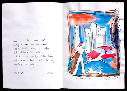 Monika Rinck: Summer, Variant 9 - handwritten poem and original gouache by Volker Mayr