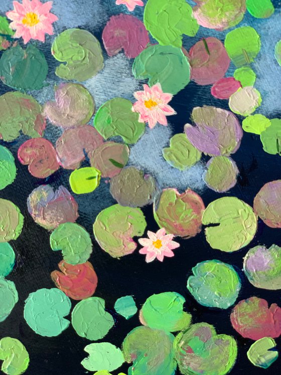 Water lily pond ! Round canvas! Ready to hang painting