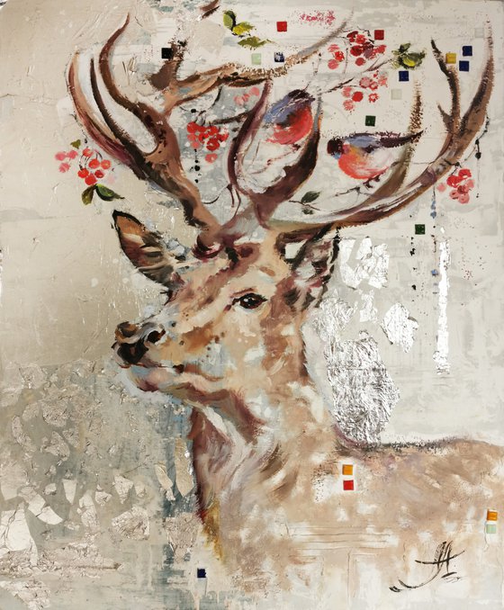 Original Deer Art, Silver Leaf Painting