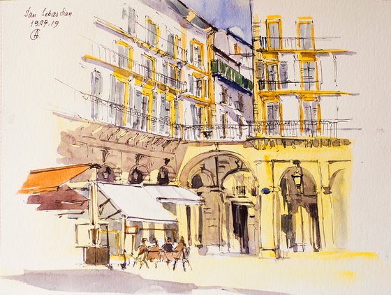 San Sebastian. Street sketch of the city square. URBAN WATERCOLOR LANDSCAPE STUDY ARTWORK SMALL CITY LANDSCAPE SPAIN GIFT IDEA INTERIOR