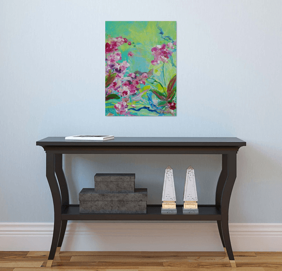Abstract Orchid #1. Floral Garden Textured Painting. Tropical Flowers Art.