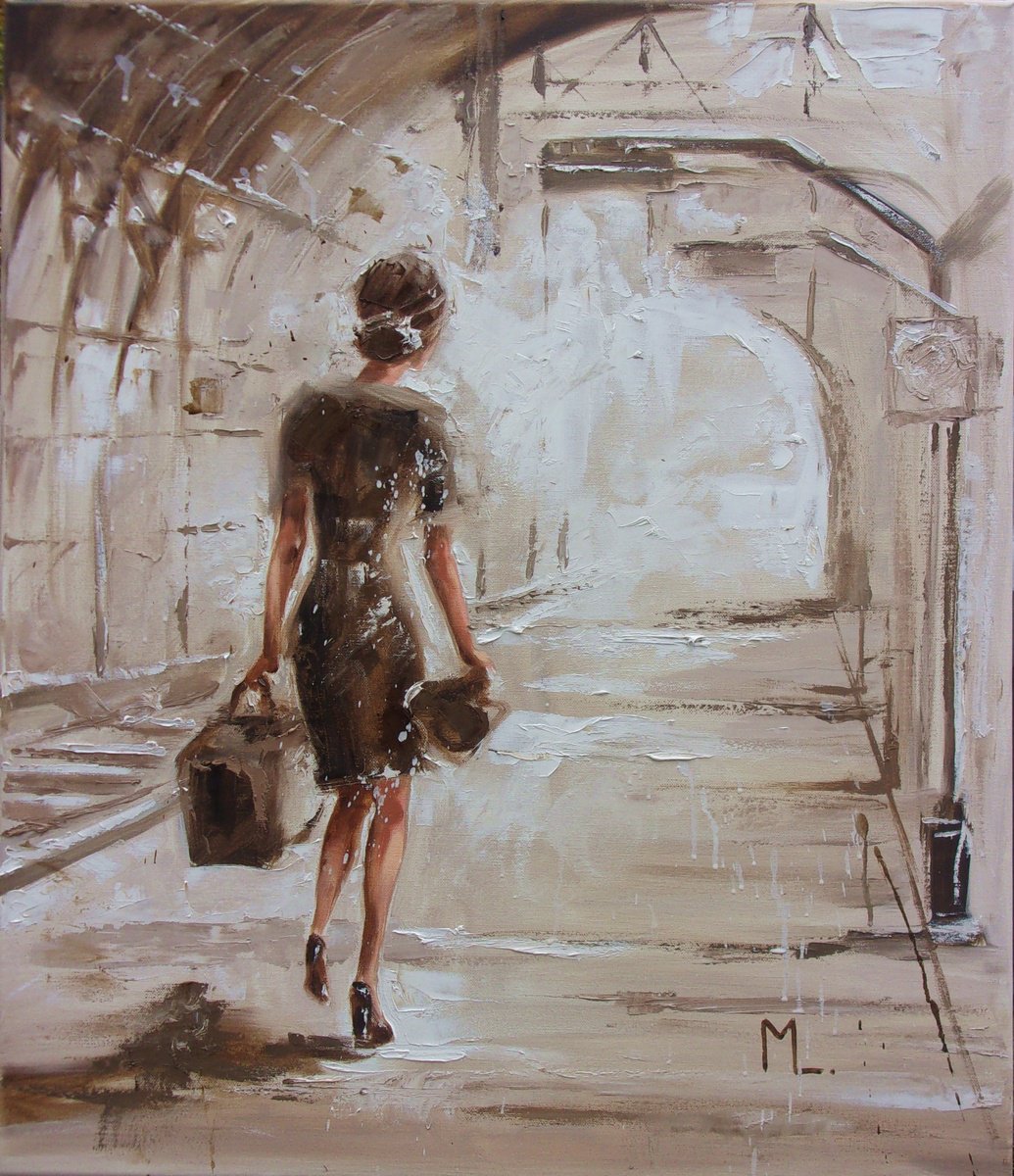 Expressive Portrait Oil Painting By Monika Luniak, 24 X 28", " Good By, Last Train Travel", Original Artwork