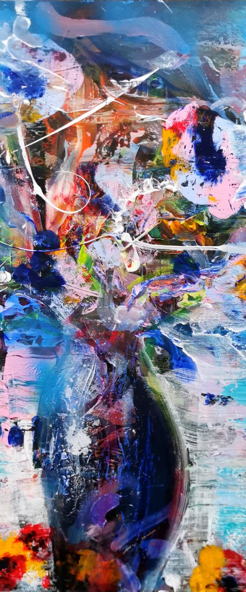 Melancholic spontaneous abstract large painting still life with blue sky by O KLOSKA by Kloska Ovidiu