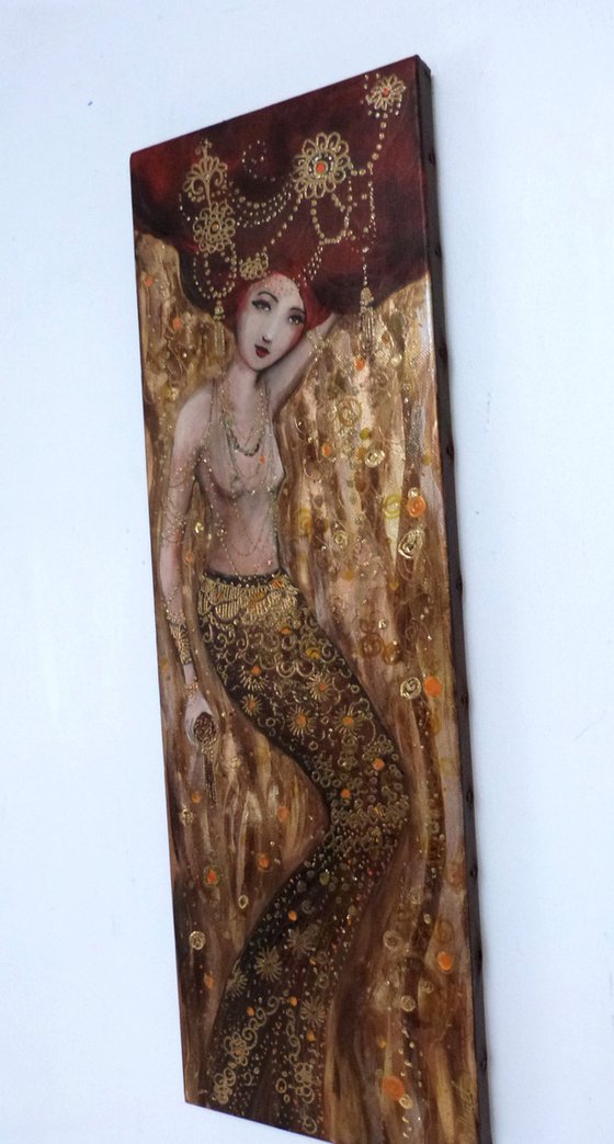 Gold abyss 20 x60 cm.Mermaid woman in gold.