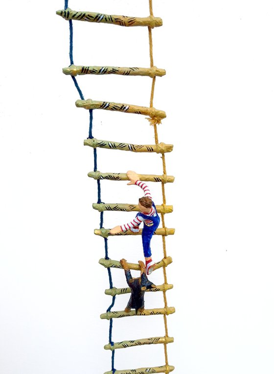 Two Dobermans on ladder