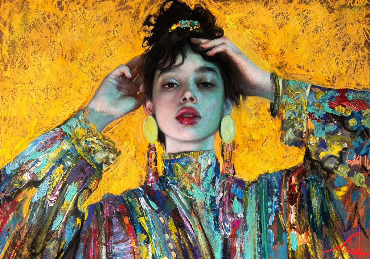 Impressionistic Portrait Pastel Drawing By Nihad Aghazada, 26 X 33", "Golden Soul", Original Artwork