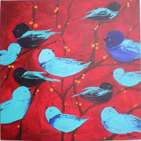 Blue Birds on a Tree painting