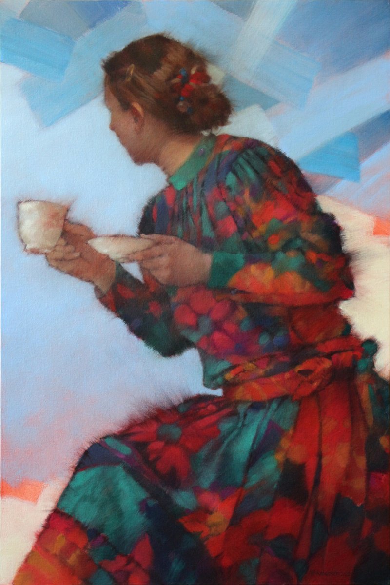 Portrait Acrylic Painting By Nicholas Robertson, 20 X 30", Afternoon Tea, Original Artwork