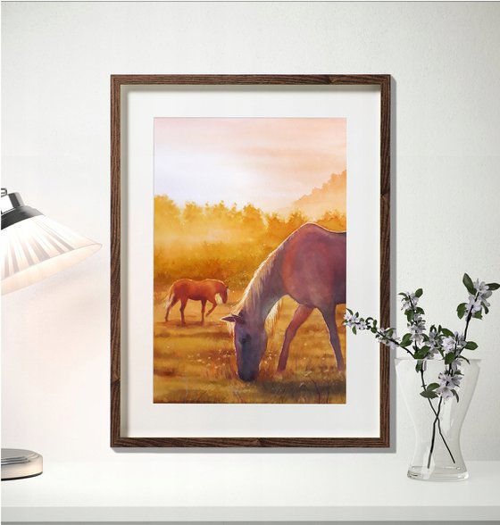 Horses Grazing on Morning Pasture   -  horse painting - rural life - country landscape - Golden Morning