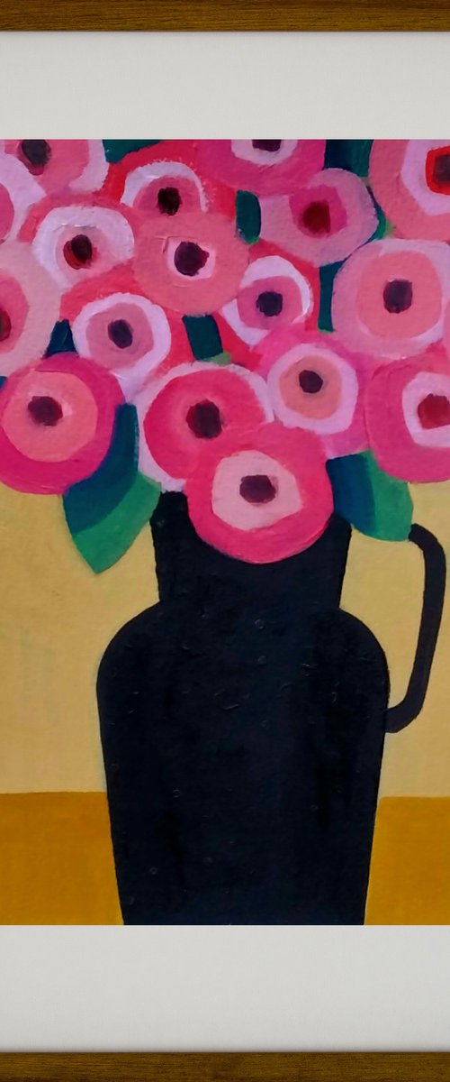 Pink Flowers in a Black Vase by Jan Rippingham