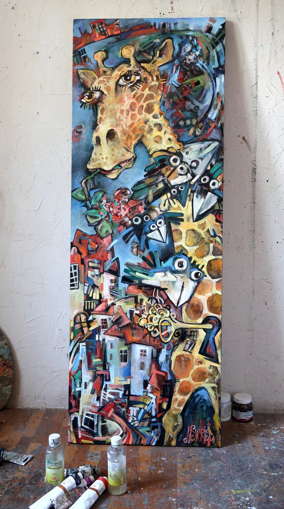 Clockwork giraffe and magpies.