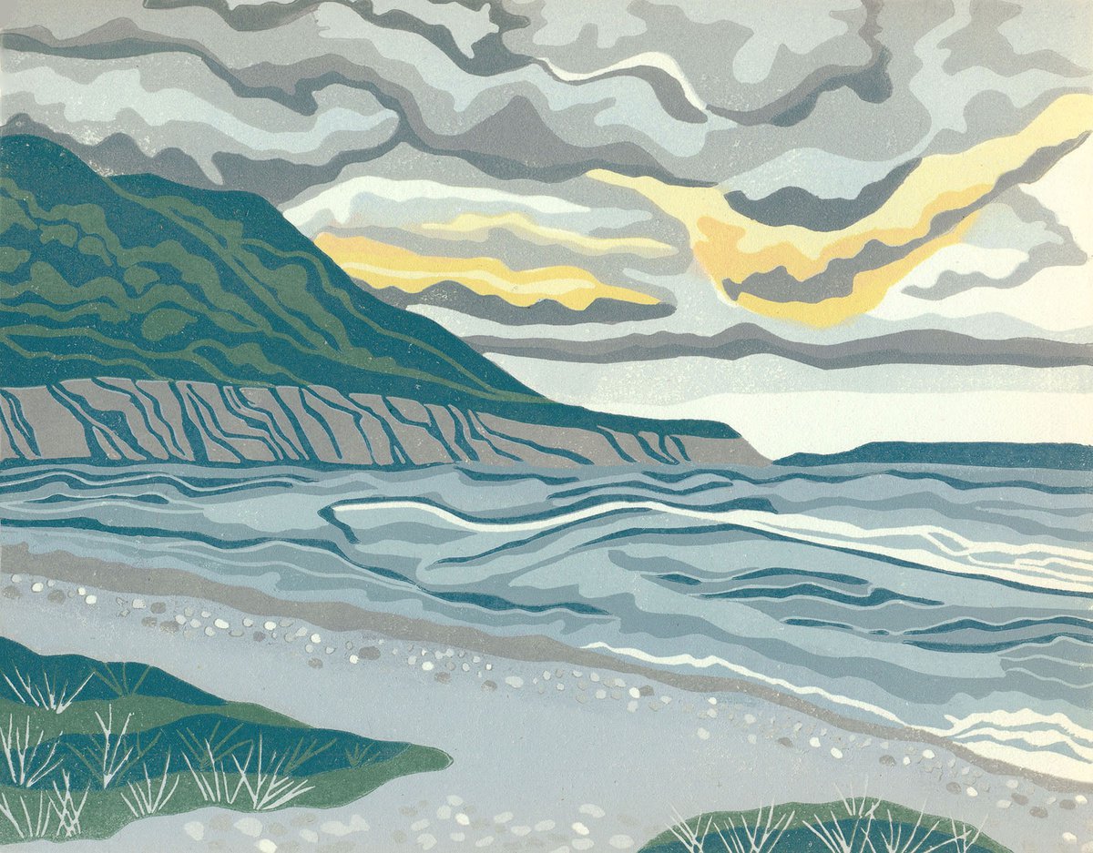 Landscape Linocut By Kate Goetz, 13 X 11", Storm Watch At Blow Me Down, Original Artwork