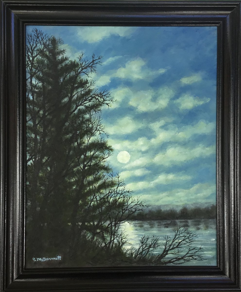 Photorealistic Landscape Oil Painting By Kathleen Mcdermott, 18 X 22", February Moon Glow, Original Artwork