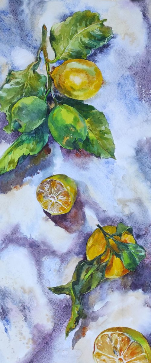Hot in a citrus garden - citrus season - lemons - original artwork, watercolor by Tetiana Borys