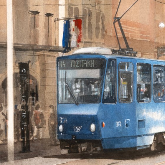 Blue Tram on the Avenue - 40x30cm Watercolor